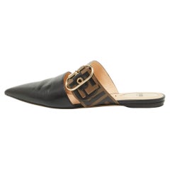 Used Fendi Black/Tobacco Zucca Leather Flat Mule Sandals Size 37