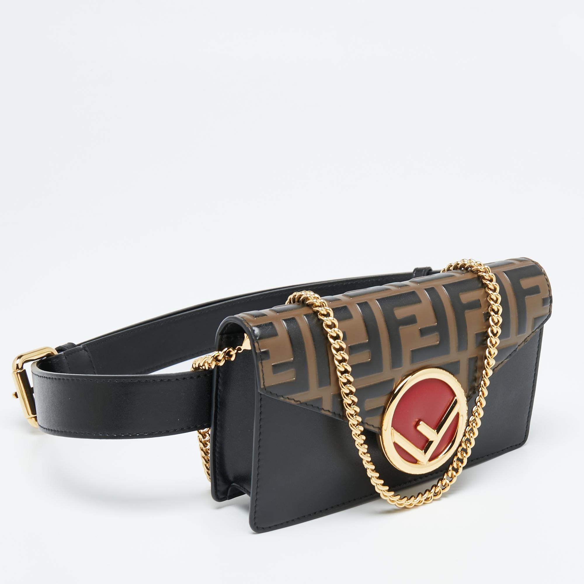 Fendi Black/Tobacco Zucca Leather Kan I F Chain Belt Bag In Good Condition In Dubai, Al Qouz 2