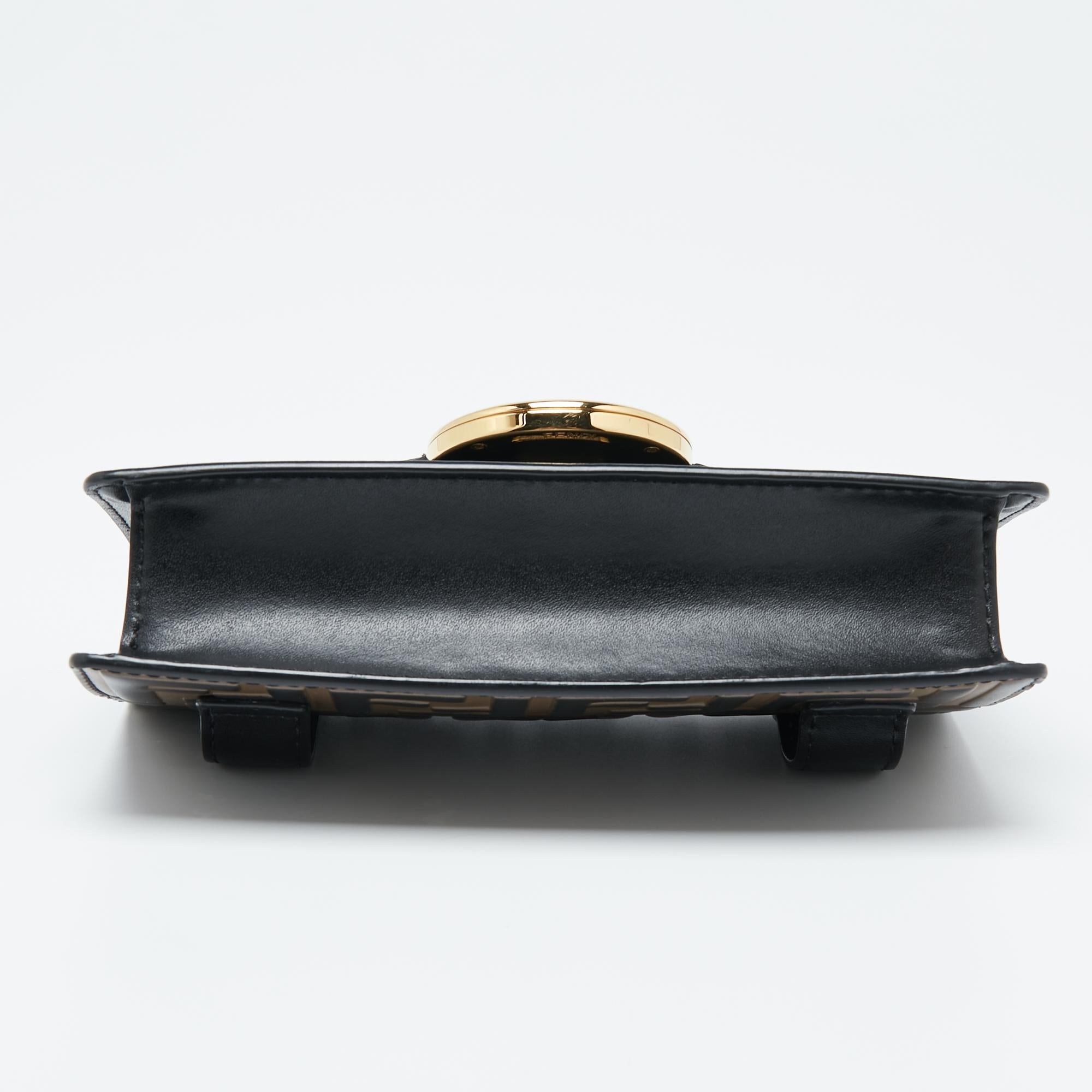 Women's Fendi Black/Tobacco Zucca Leather Kan I F Chain Belt Bag