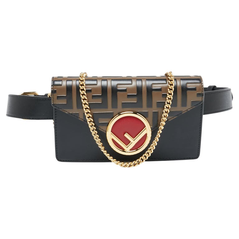 Fendi Black/Tobacco Zucca Leather Kan I F Chain Belt Bag at 1stDibs | fendi  belt bag
