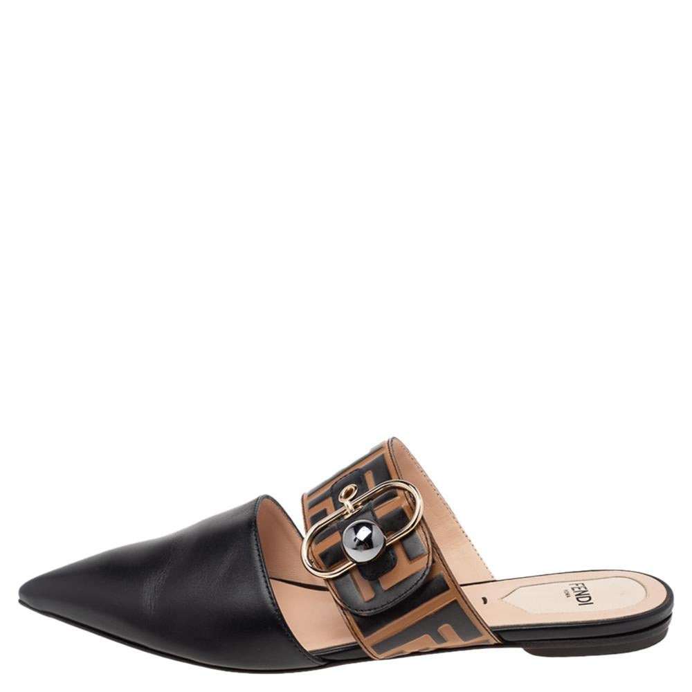 Women's Fendi Black/Tobacco Zucca Leather Signature Flat Mule Sandals Size 38