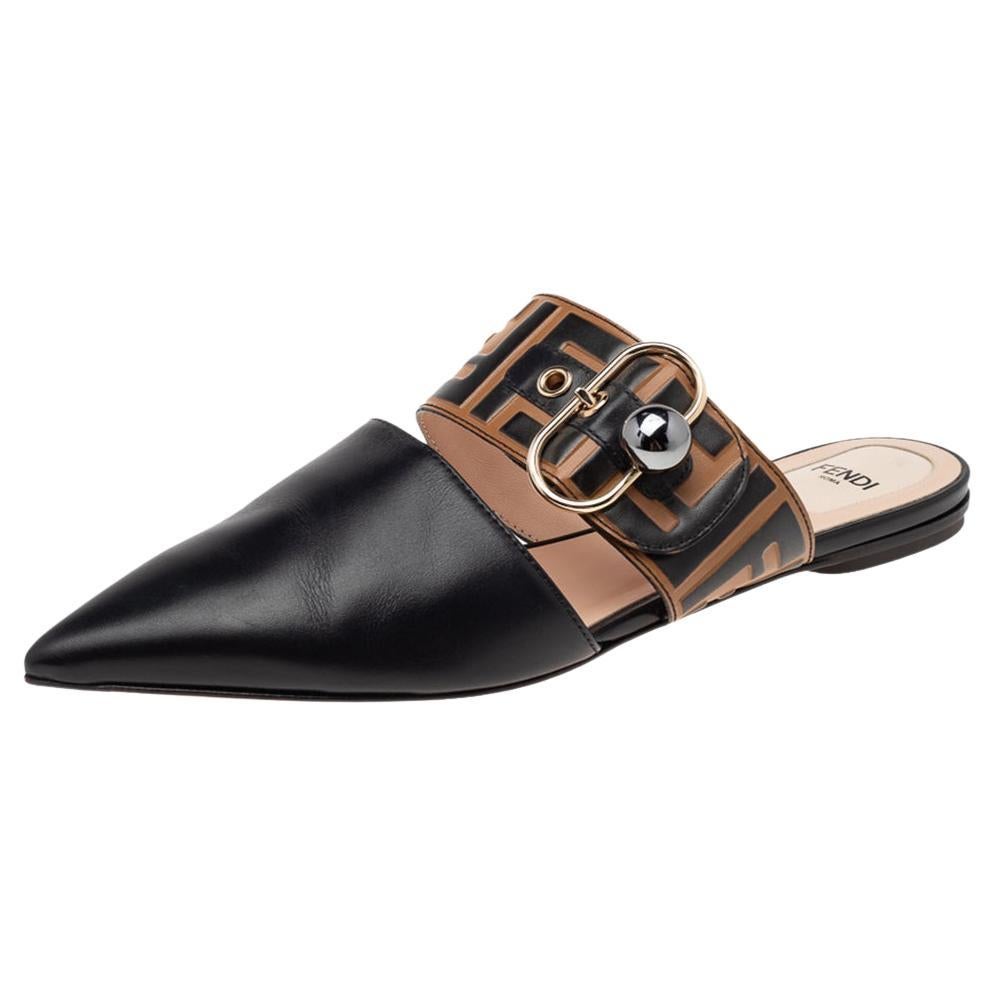 Fendi Black/Tobacco Zucca Leather Signature Flat Mule Sandals Size 38