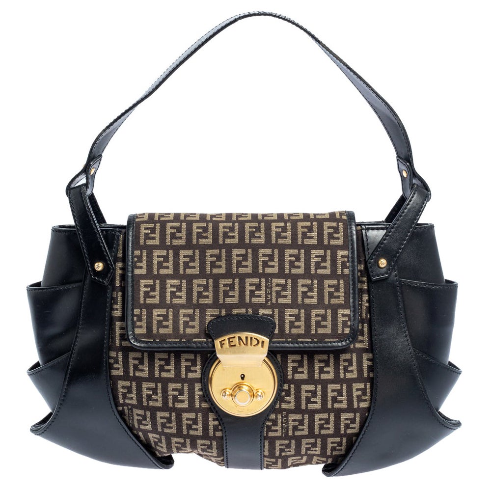 Fendi Schwarz/Tabak Zucchino Canvas und Leder Borsa Tuc Hobo