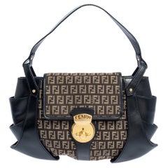 Fendi Schwarz/Tabak Zucchino Canvas und Leder Borsa Tuc Hobo