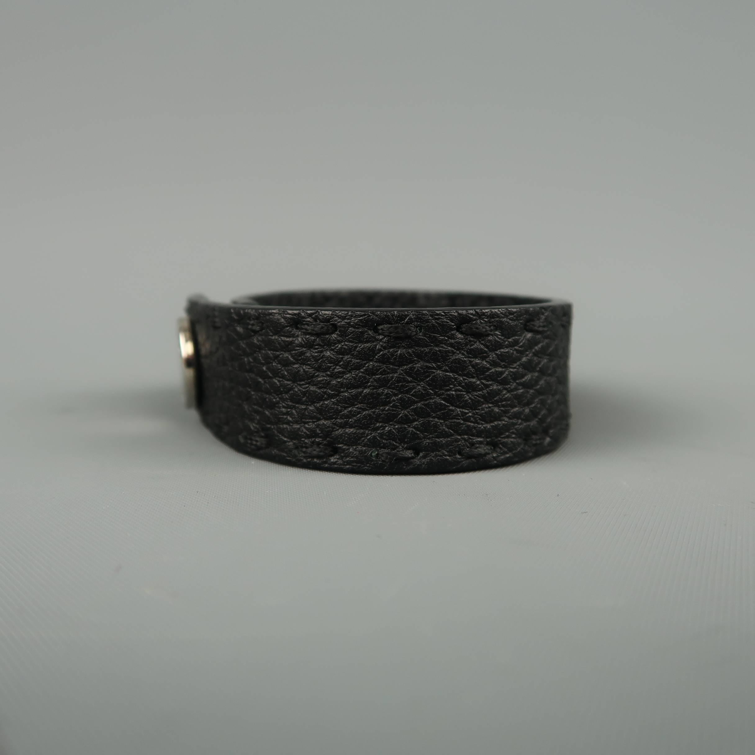 Women's or Men's FENDI Black Topstitch Leather Silver Snap Skinny Cuff Bracelet