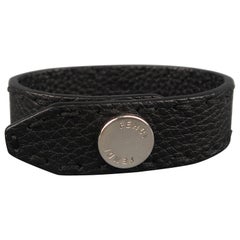 FENDI Black Topstitch Leather Silver Snap Skinny Cuff Bracelet