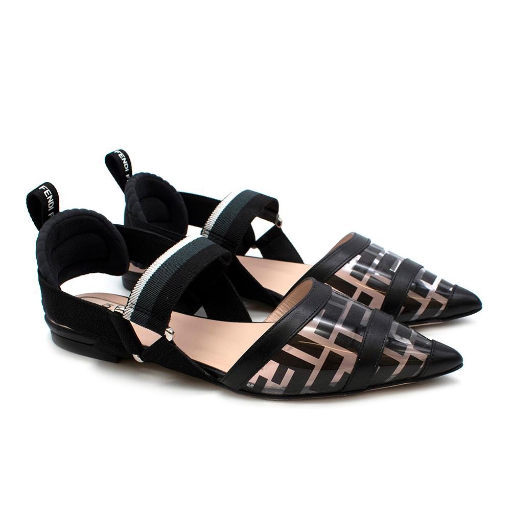 Fendi Black & Transparent Colibri Flat Logo Pumps
-Soft, leather sole
-Pointed toe
-Strappy front
-Elasticised slingback strap
-Padded counter 
-Branded rear pull tab 
-Iconic FF logo print
-Silver hardware

Materials: PVC and leather

Made in