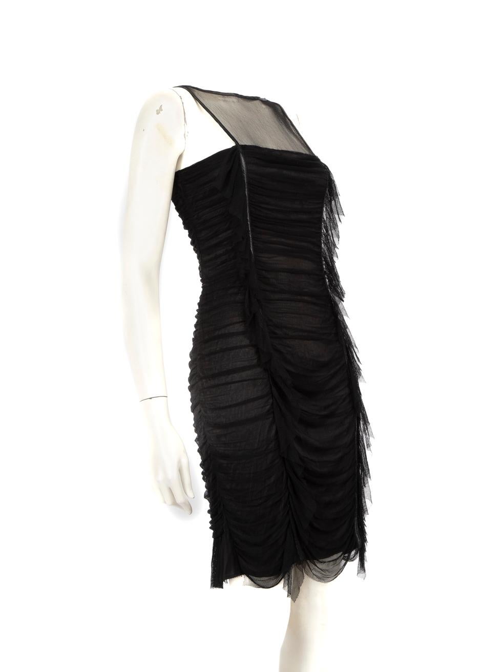 CONDITION is Very good. Minimal wear to the dress is evident. Pluck to the weave on the back of the left armhole on this used Fendi designer resale item.
 
 Details
 
 
 Black
 
 Viscose
 
 Dress
 
 Knee-length
 
 Sleeveless
 
 Ruched
 
 See through