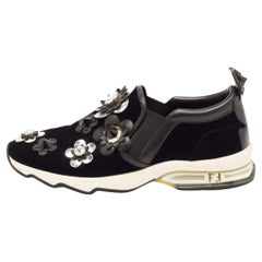 Used Fendi Black Velvet and Leather Flowerland Slip On Sneakers Size 39