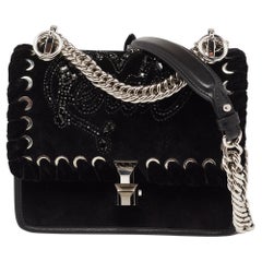 Fendi Black Velvet and Leather Small Kan I Logo Embellished Top Handle Bag