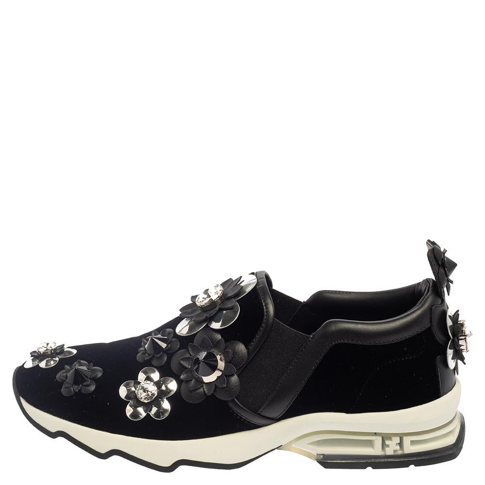 Fendi Black Velvet And Leather Trim Flowerland Slip On Sneakers Size 38 1