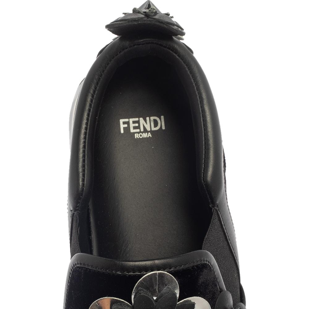 Fendi Black Velvet And Leather Trim Flowerland Slip On Sneakers Size 38 2