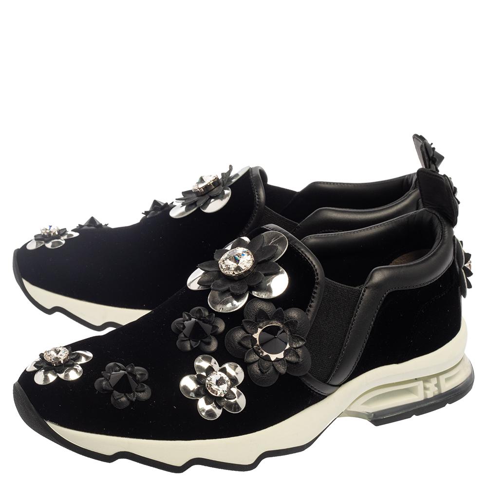 Fendi Black Velvet And Leather Trim Flowerland Slip On Sneakers Size 38 3