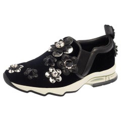 Fendi Black Velvet And Leather Trim Flowerland Slip On Sneakers Size 38