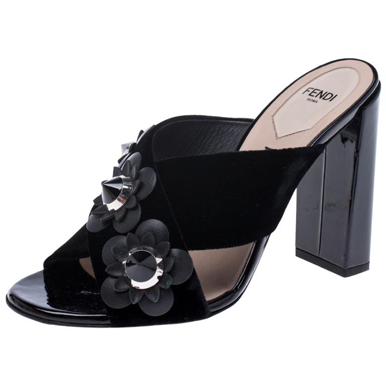 Fendi Black Velvet Flowerland Embellished Open Toe Mules Size 37.5 For Sale  at 1stDibs