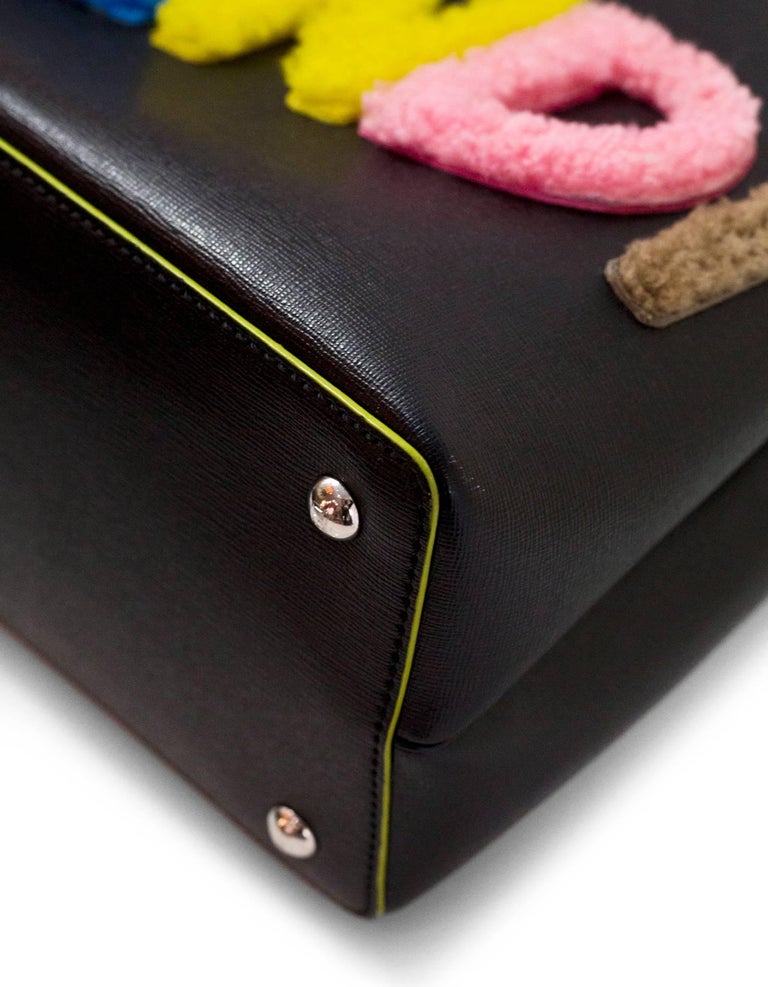 Fendi Black Vitello Elite Shearling Logo Petite 2Jours Tote Bag with Strap For Sale at 1stdibs