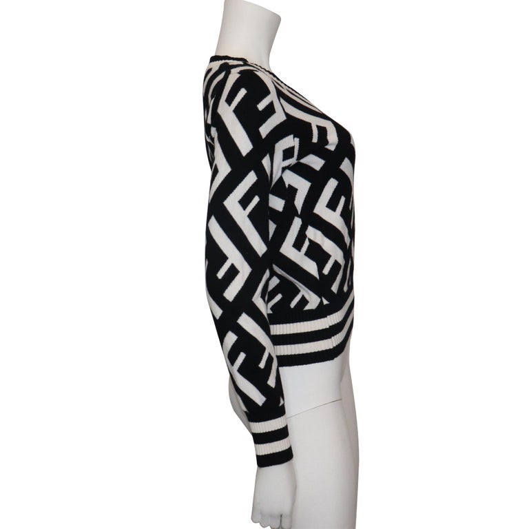 Fendi Black and White 'F' Pattern V-Neck Sweater at 1stDibs