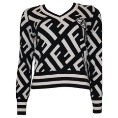 Fendi Black & White 'F' Pattern V-Neck Sweater