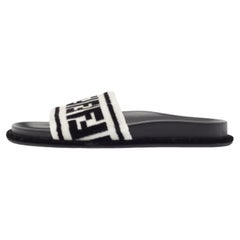 Fendi Black/White Fur FF Flat Slides Size 38.5