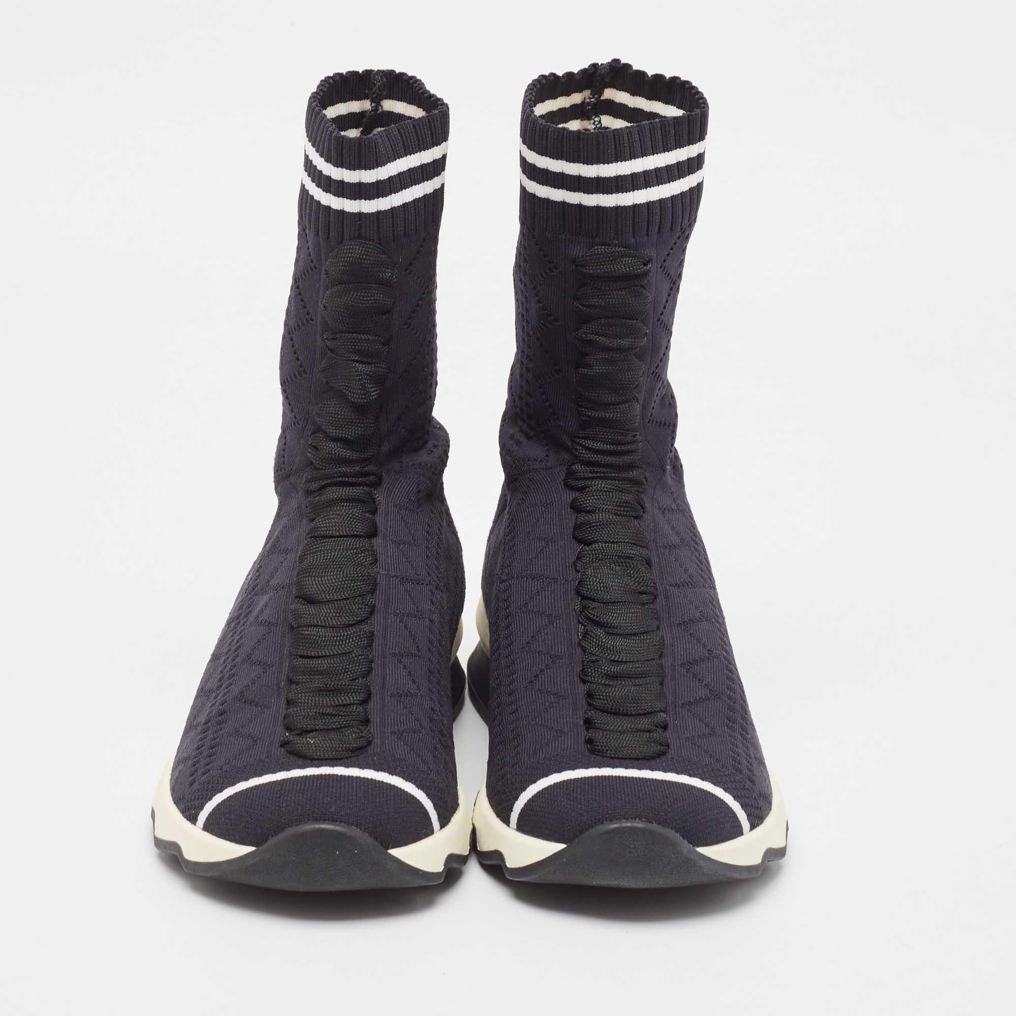 Nero Fendi Black/White Knit Fabric Sock High Top Sneakers Taglia 37 in vendita