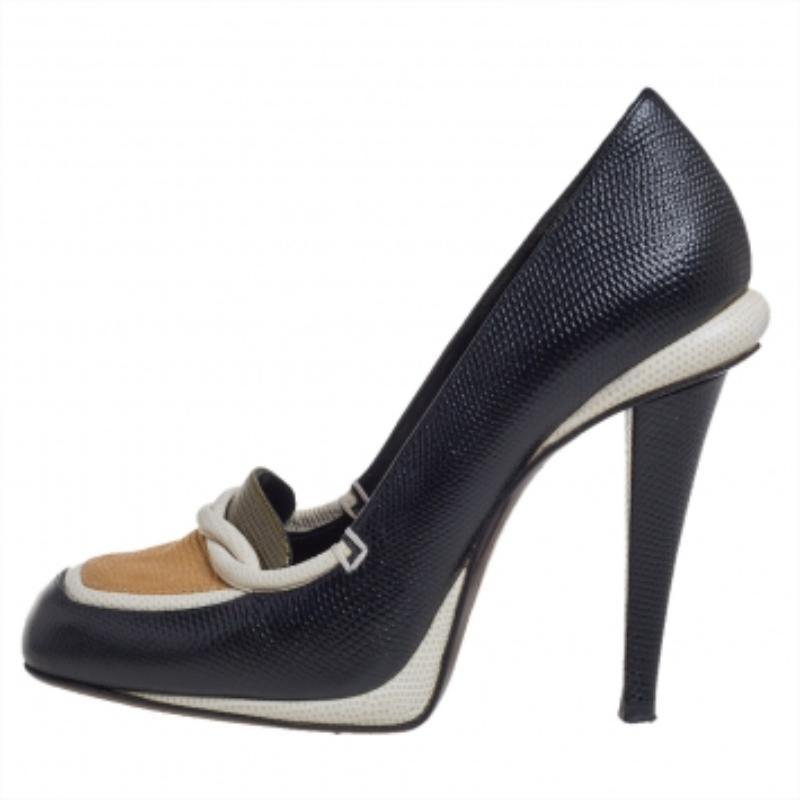 Fendi Black/White Lizard Embossed Leather Pumps Size 38 In Fair Condition For Sale In Dubai, Al Qouz 2
