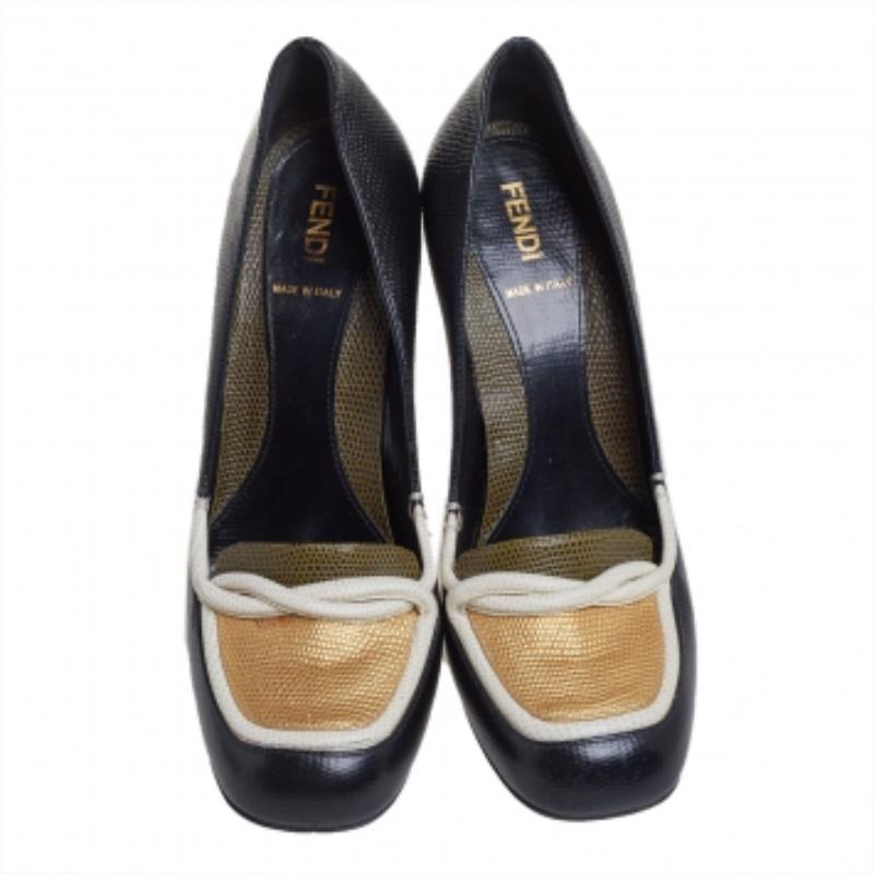 Fendi Black/White Lizard Embossed Leather Pumps Size 38 For Sale 1