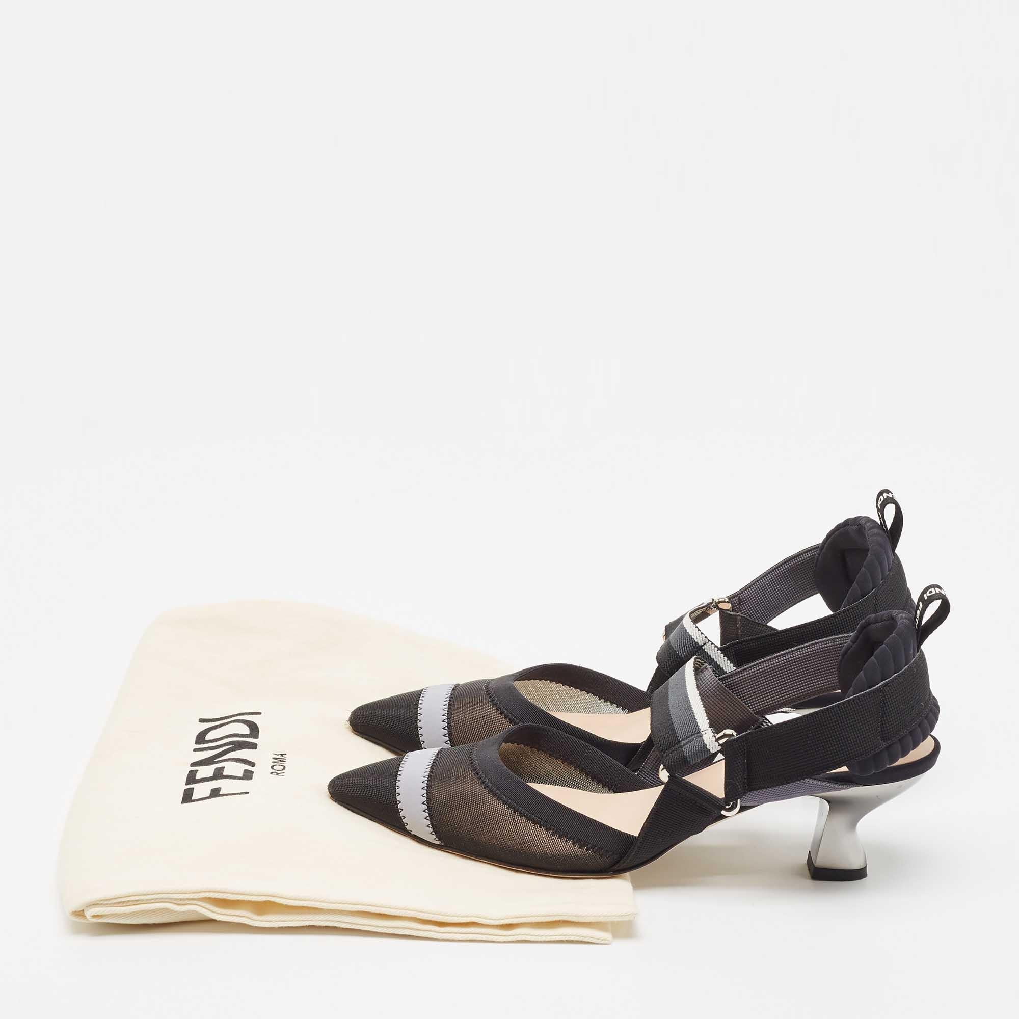 Fendi Black/White Mesh and Canvas Colibri Slingback Pumps Size 36.5 5