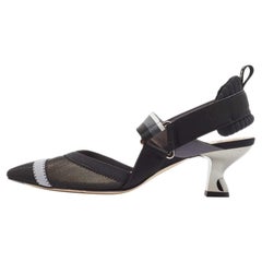 Fendi Black/White Mesh and Canvas Colibri Slingback Pumps Size 36.5