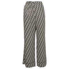 Fendi Black 
White Monogram Print Silk Crepe De Chine Wide Leg Pants L