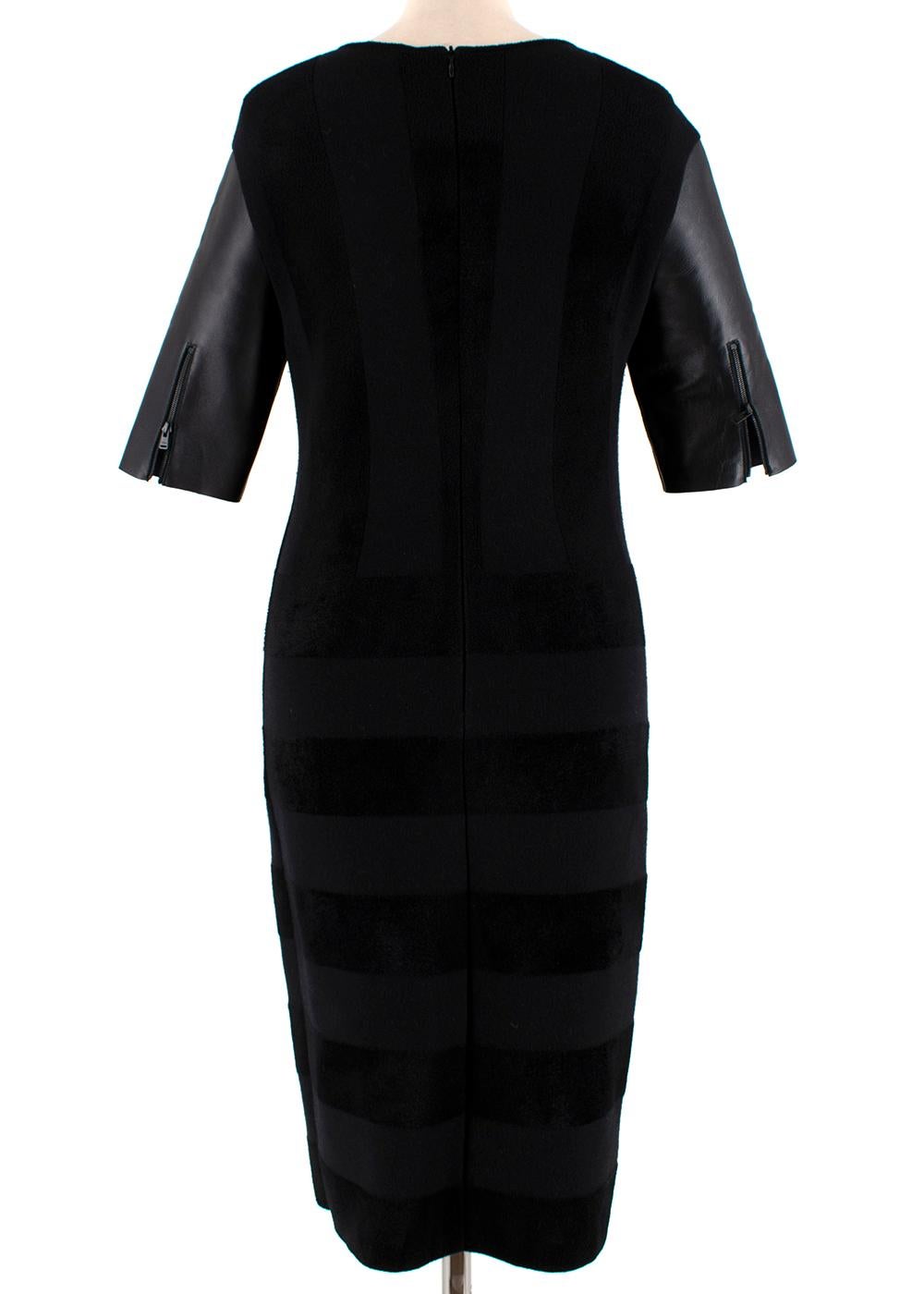 Fendi Black Wool Blend Striped Dress with Leather Sleeves - Size US 4 In New Condition For Sale In London, GB