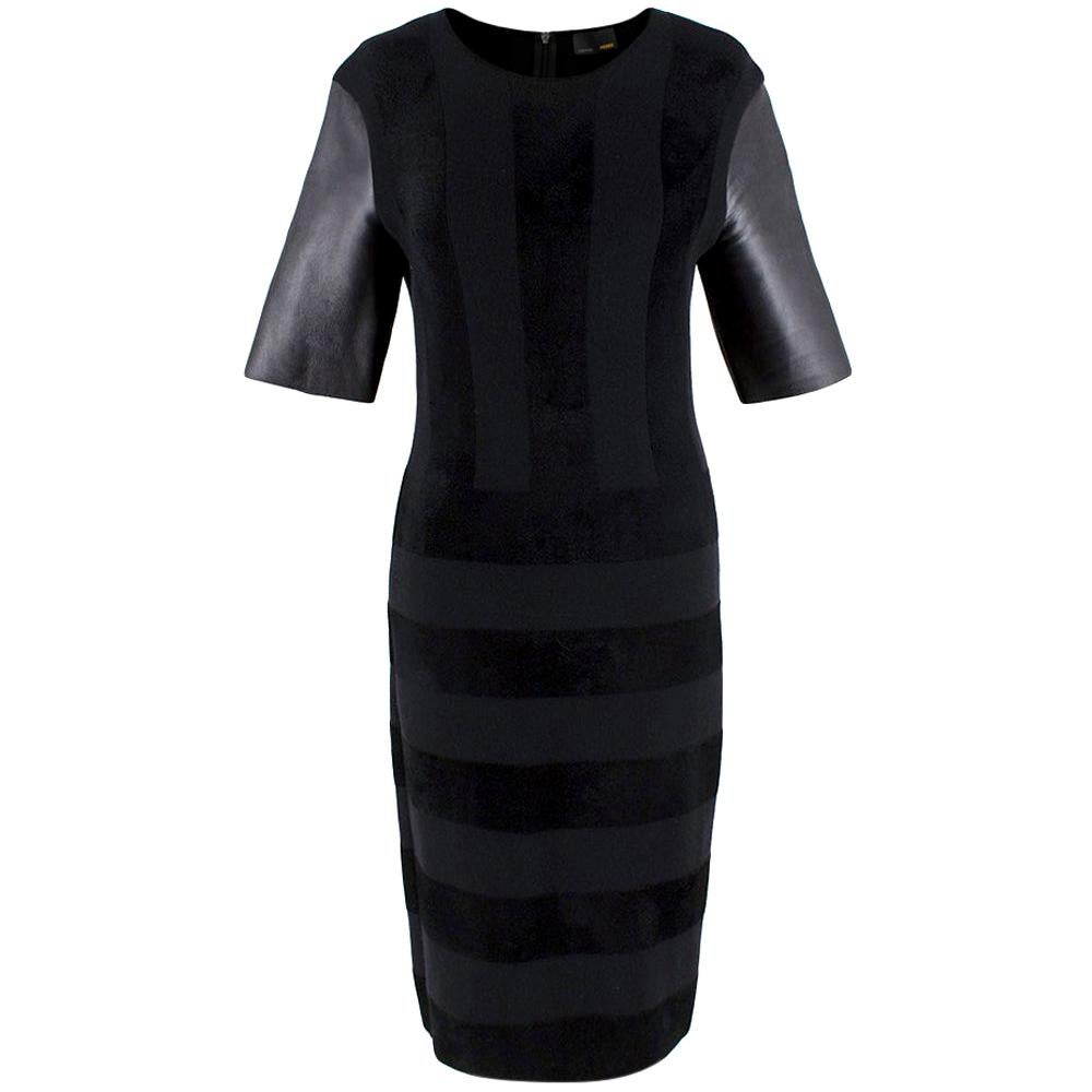 Fendi Black Wool Blend Striped Dress with Leather Sleeves - Size US 4 For Sale