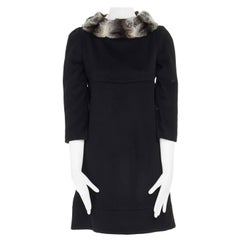 FENDI black wool cashmere blend chinchilla fur trimmed collar shift dress IT40 S