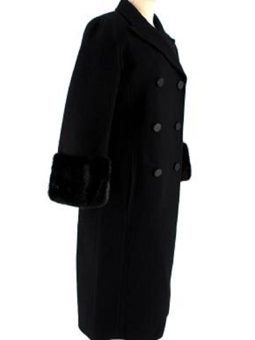 Fendi Black Wool Double Breasted Coat with Mink Fur Cuffs In Excellent Condition For Sale In London, GB