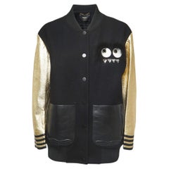 Fendi Black Wool & Gold Leather Sleeve Bomber Jacket 