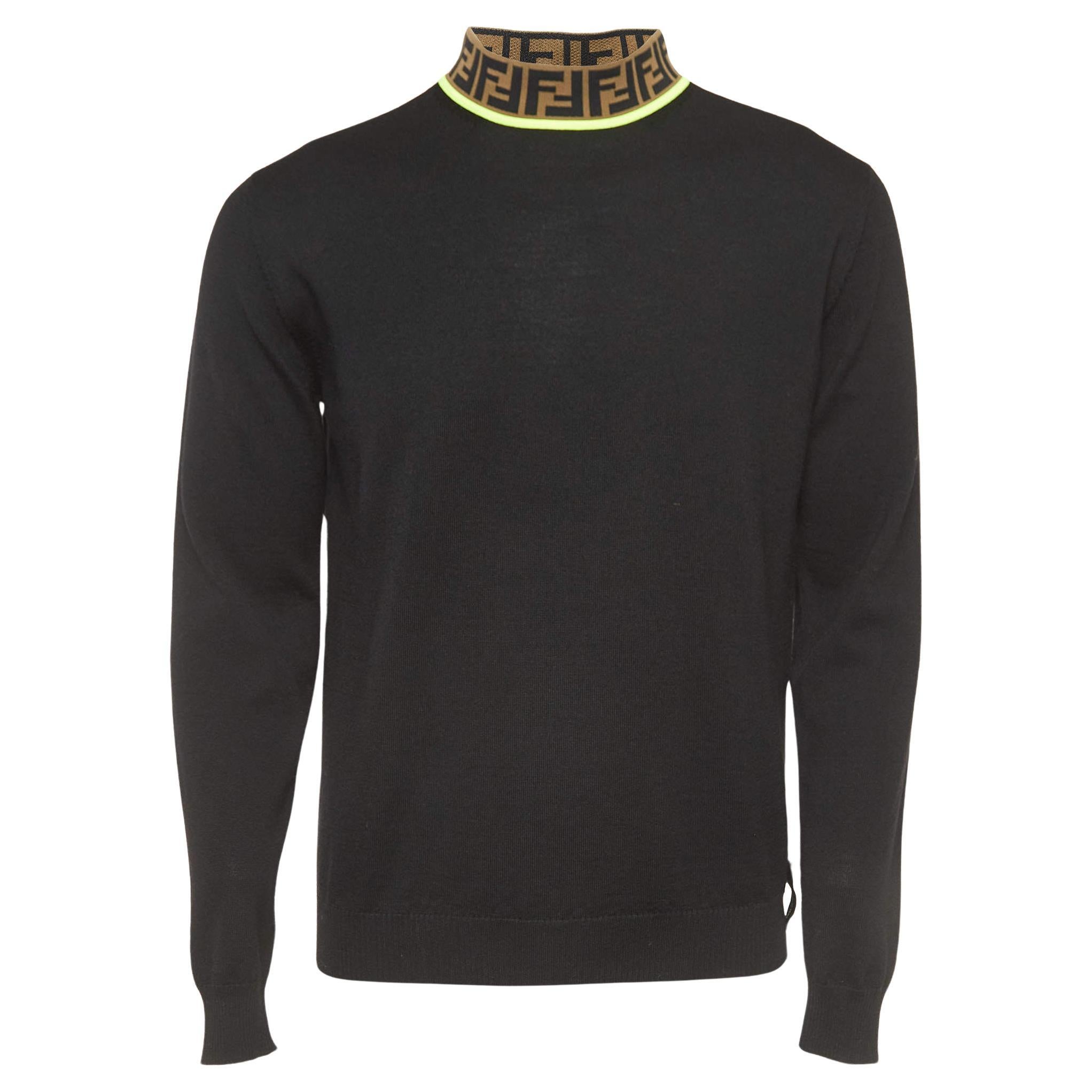 Fendi Black Wool Logo Neck Detail Jumper M For Sale