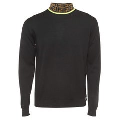 Pull à col avec logo en laine noire Fendi M