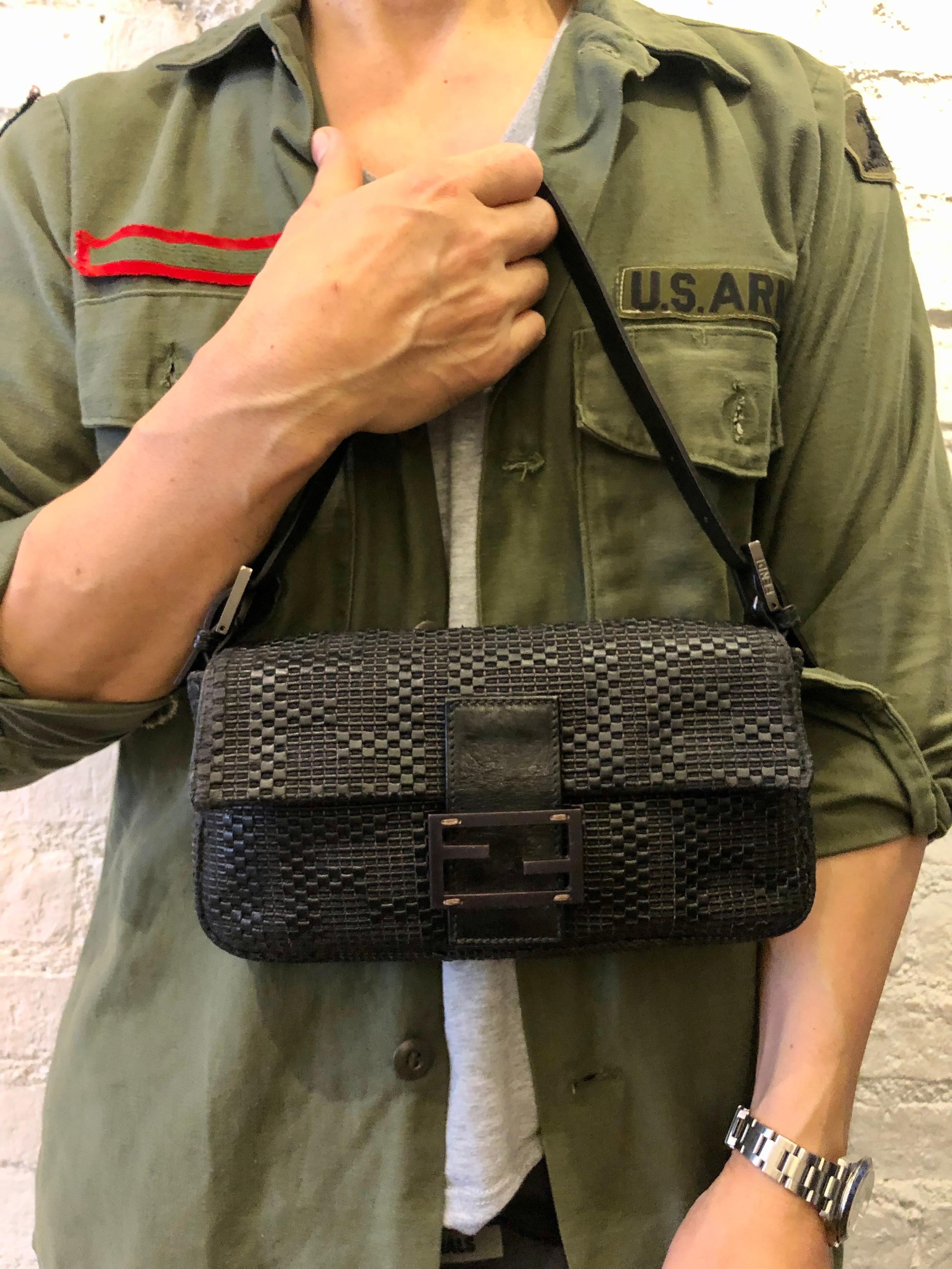 2000s Fendi Dark Brown Woven Leather Baguette Bag 2