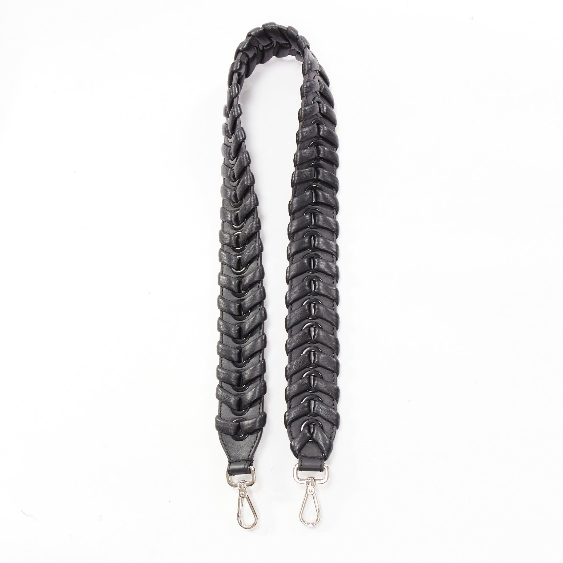 FENDI black woven leather silver hardware long bag strap 45mm In Good Condition In Hong Kong, NT