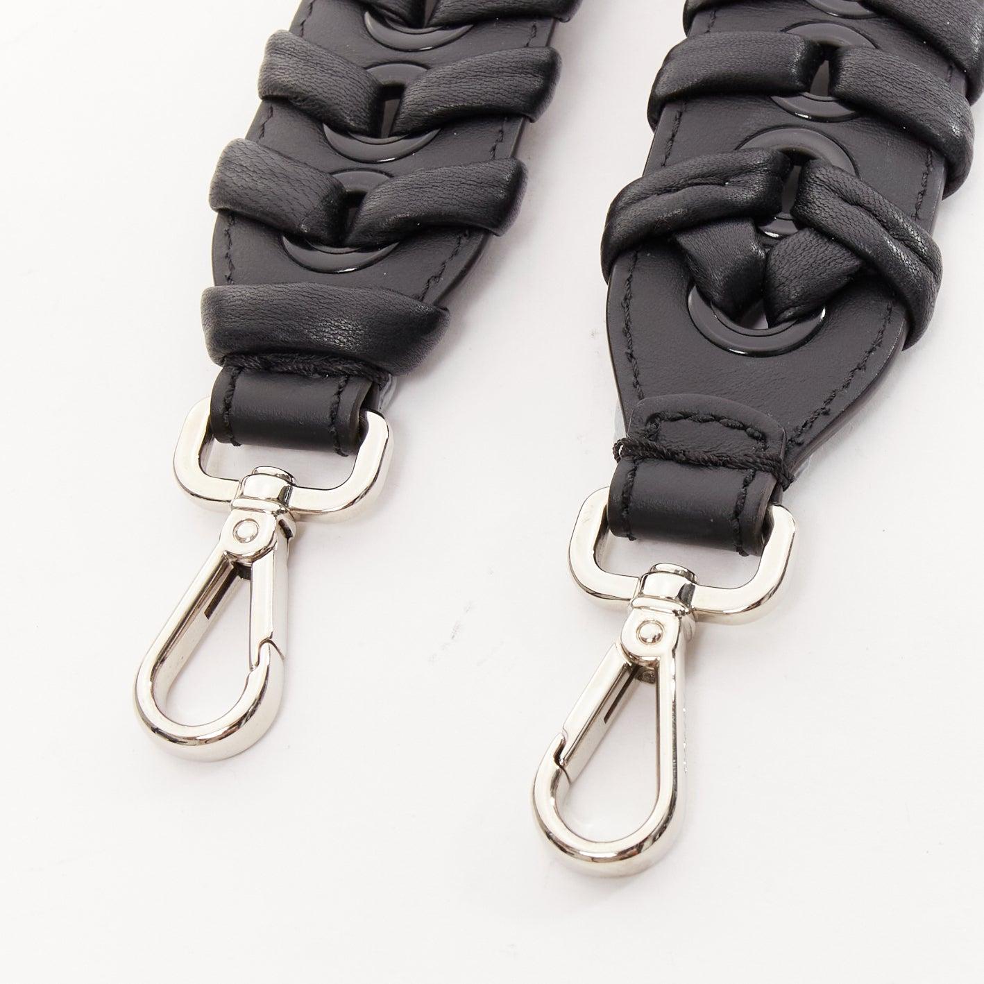FENDI black woven leather silver hardware long bag strap 45mm For Sale 2