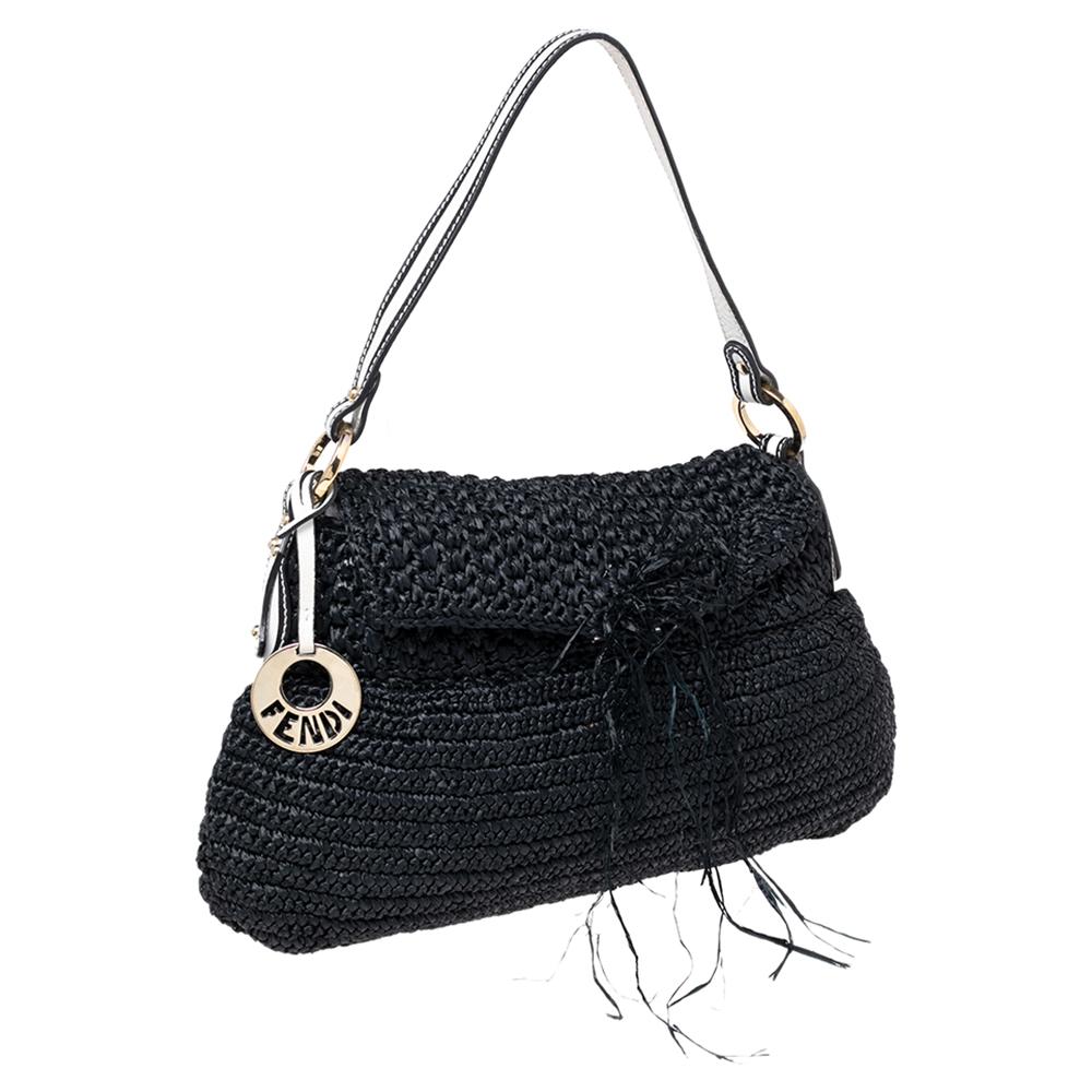 Women's Fendi Black Woven Straw Flap Shoulder Bag