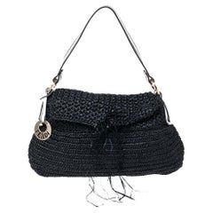 Fendi Black Woven Straw Flap Shoulder Bag