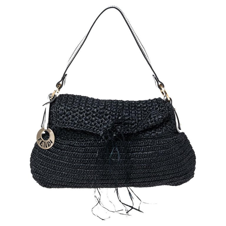 Fendi Black Woven Straw Flap Shoulder Bag at 1stDibs