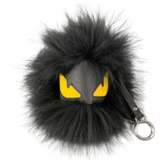 FENDI Black Yellow Leather Fox Fur Bag Bug Charm Keyring