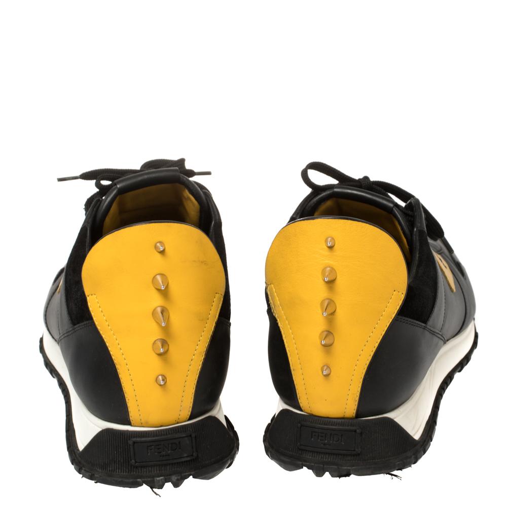 Fendi Schwarz/Gelb Leder Monster Eyes Nieten Low Top Sneakers Größe 43 im Zustand „Gut“ in Dubai, Al Qouz 2