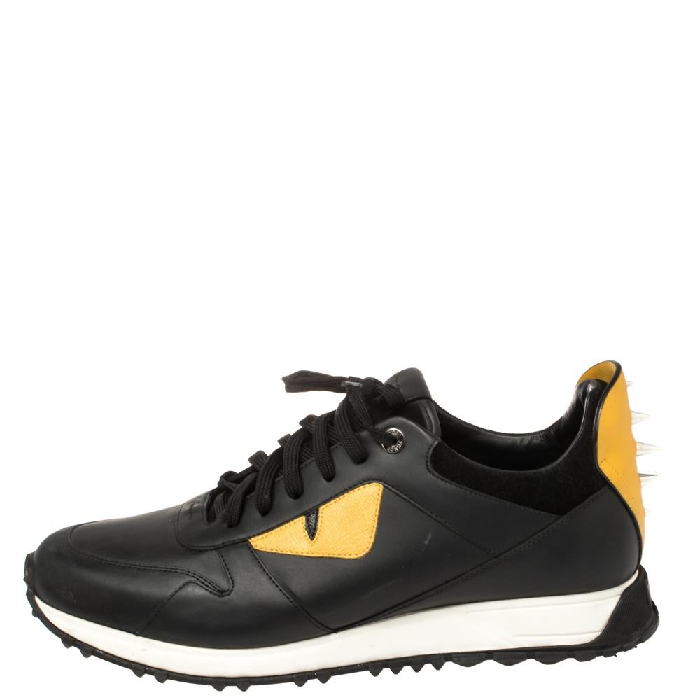 Fendi Schwarz/Gelb Leder Monster Eyes Nieten Low Top Sneakers Größe 43 1
