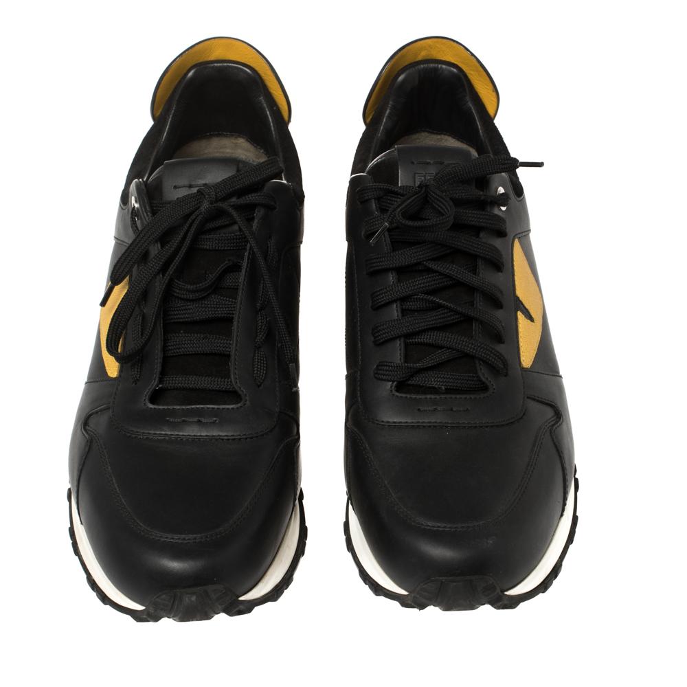 Fendi Black/Yellow Leather Monster Eyes Studded Low Top Sneakers Size 43 In Good Condition In Dubai, Al Qouz 2