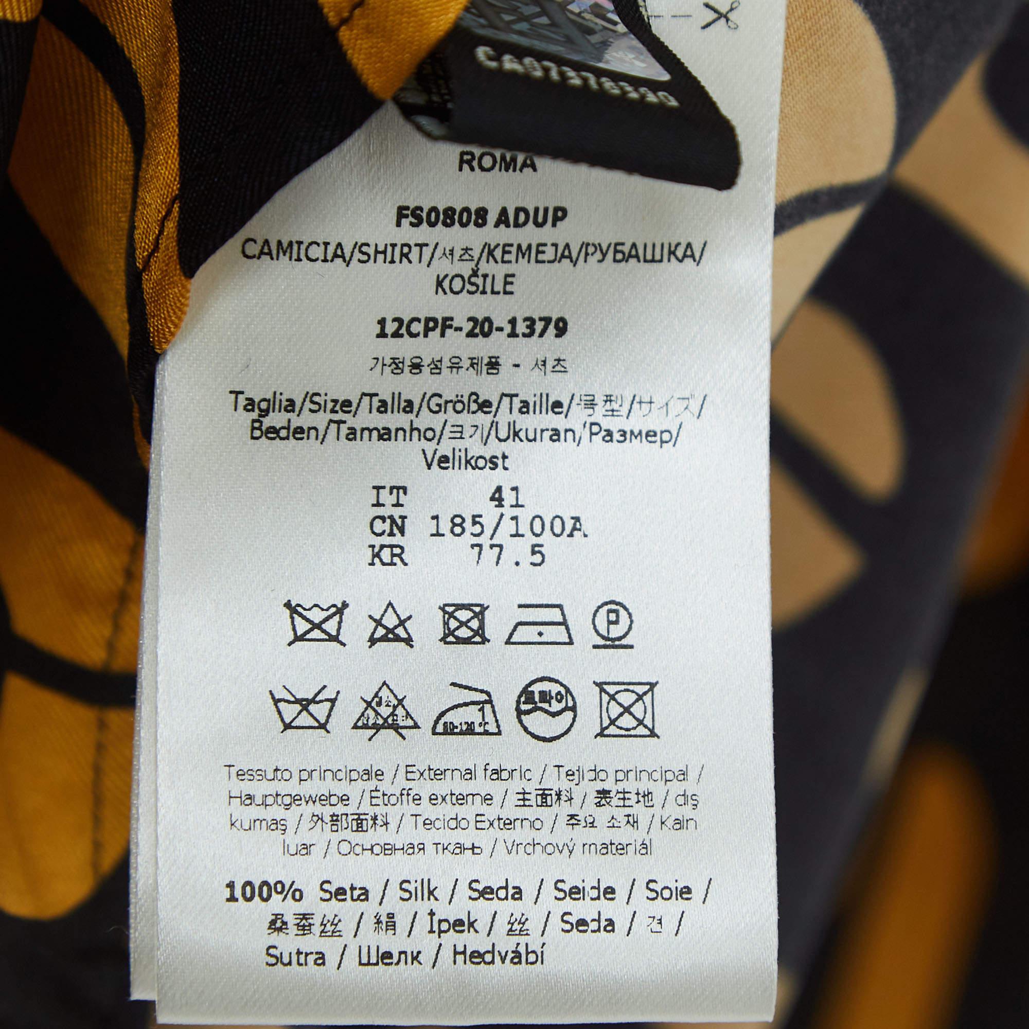 Fendi Black/Yellow Logo Print Silk Full Sleeve Shirt L For Sale 1