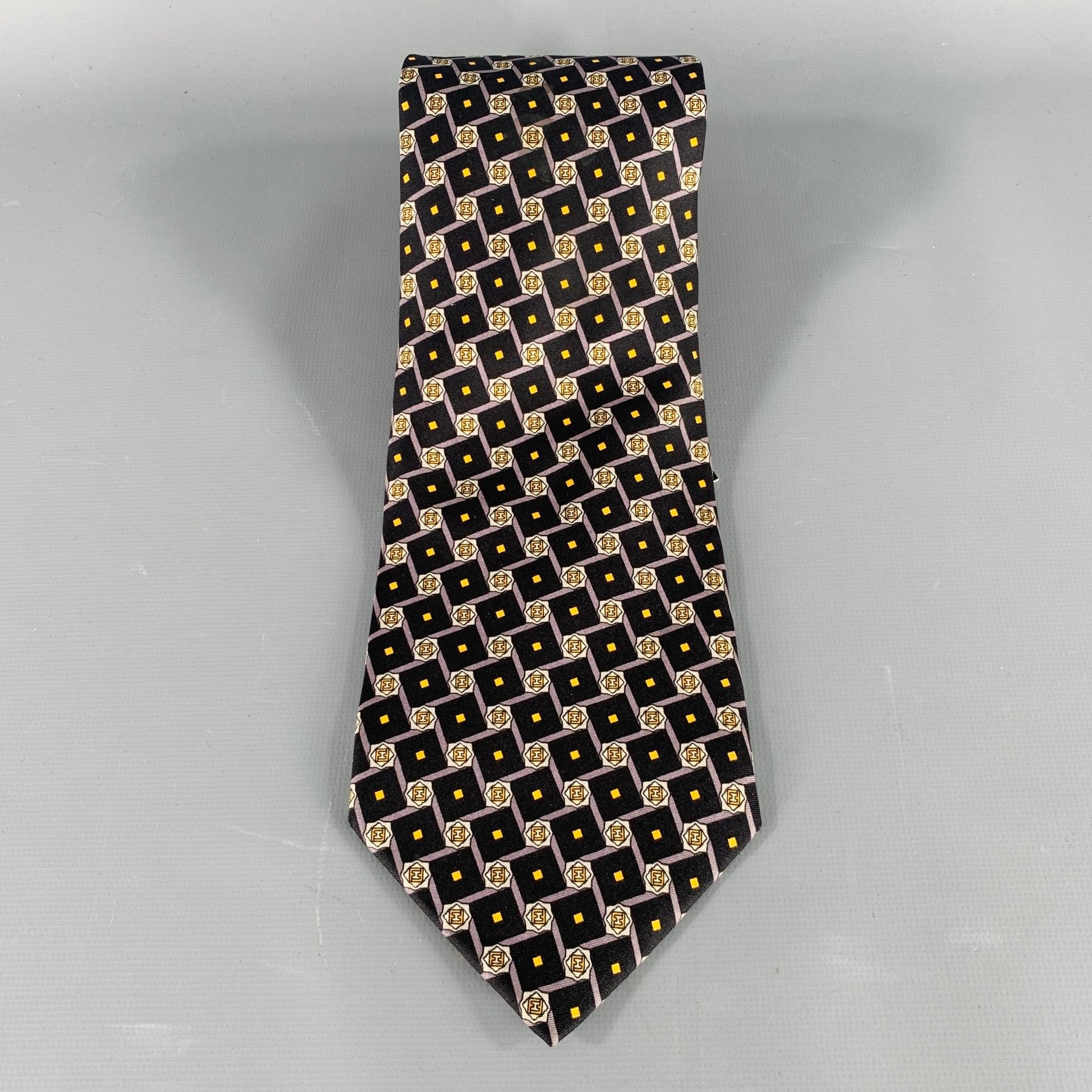 FENDI Black Yellow Monogram Silk Tie In Good Condition In San Francisco, CA