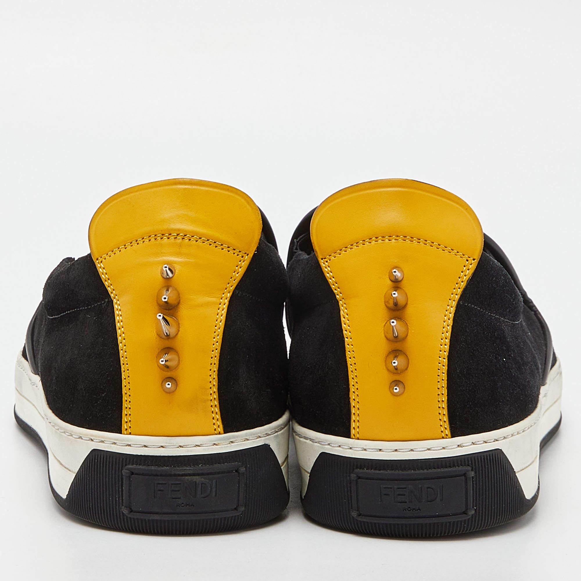 Fendi Black/Yellow Suede and Leather Monster Eyes Slip On Sneakers Size 44 In Excellent Condition In Dubai, Al Qouz 2