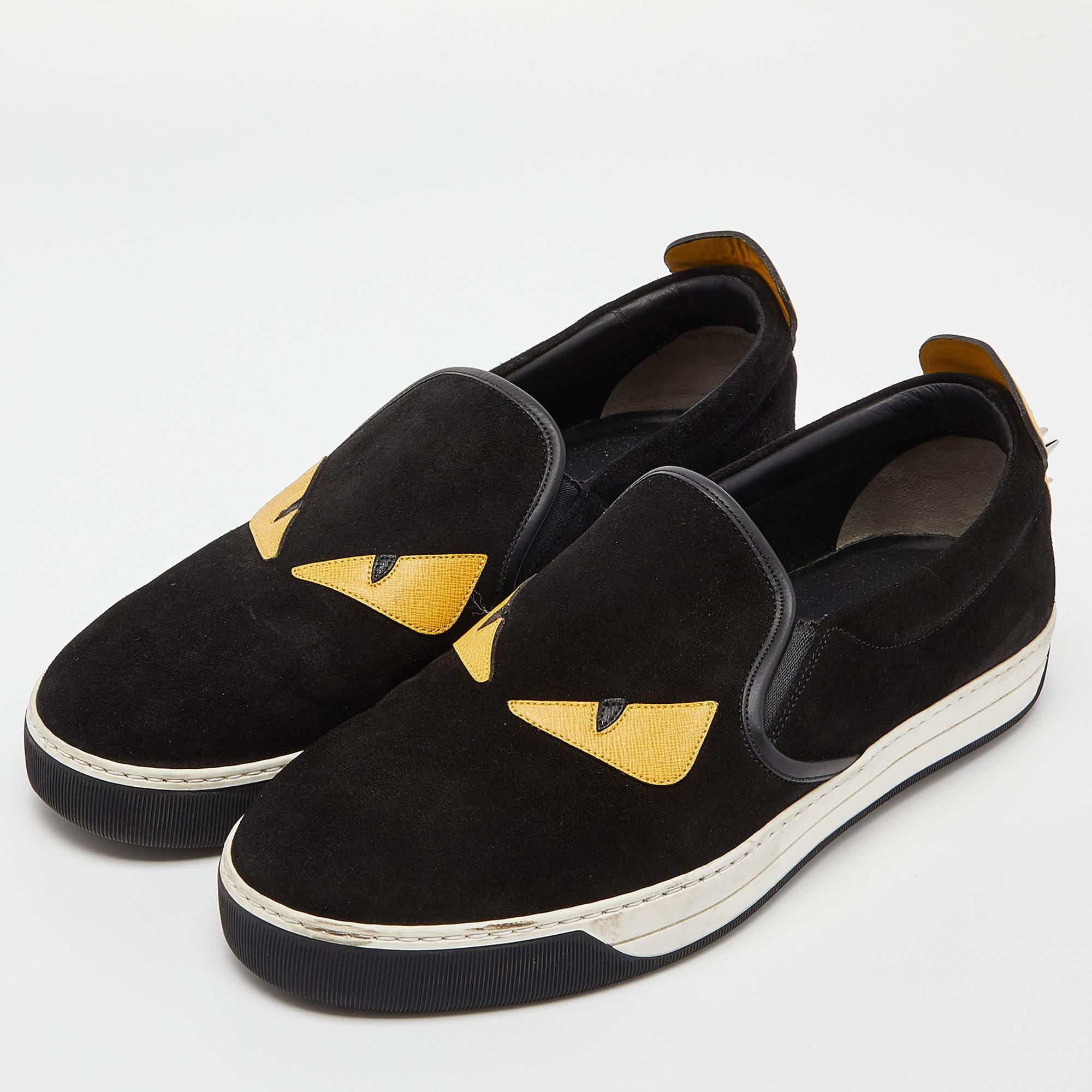 De los hombres Fendi Negro/Amarillo Ante y Piel Monster Eyes Zapatillas Slip On Talla 44